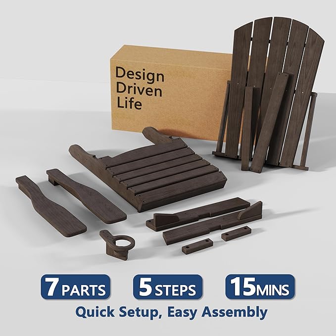 Folding Adirondack Chair Set of 2 with Cup Holder, HDPE All Weather Resistant Plastic Outdoor Patio Chairs, Heavy Duty Fire Pit Seating for Backyard Lawn Garden, Wooden Textured Design(Coffee)