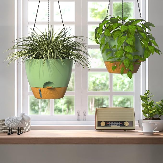 ZMTECH 12 Inch Hanging Planters for Indoor Outdoor Plants, 2 Pack Self Watering Hanging Plant Pots with Drainage Hole, Visual Reservoir, Plastic Flower Hanging Pots with Watering Lip (Green)