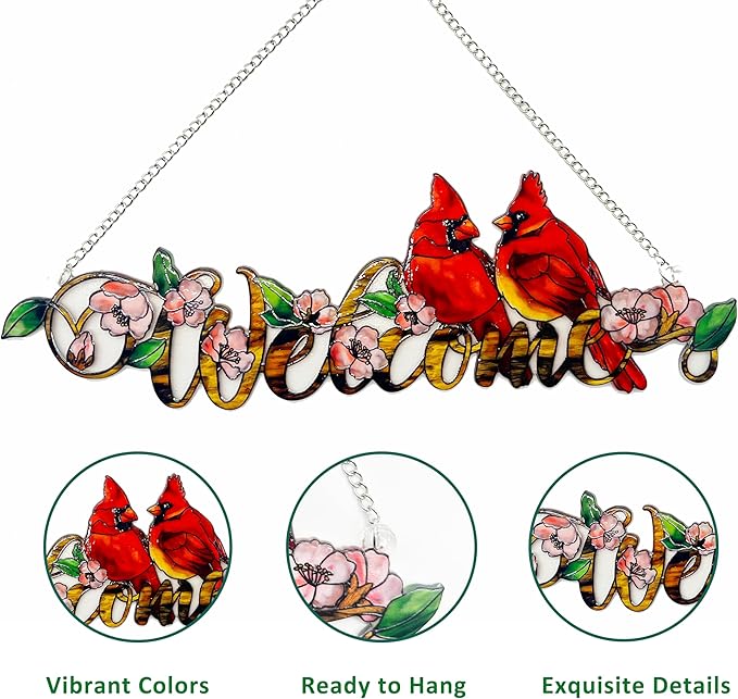 Welcome with Red Cardinal Suncatcher Red Bird Stained Glass Suncatchers Window Hanging Ornament for Home Decor Indoor Wall Art for Mother's Day Women Mom Birds Lovers Friends (Welcome)