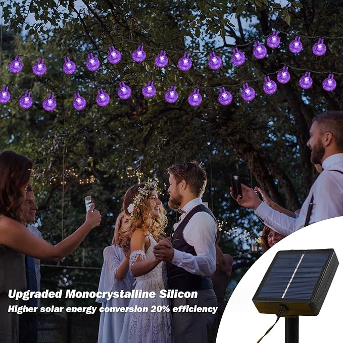 Solar Lights Outdoor Waterproof, 2 Pack Total 200LED 110FT Solar String Lights for Outside w/ 8 Modes, Outdoor String Lights Crystal Globe Patio Lights for Garden Yard Party Decor(Purple)