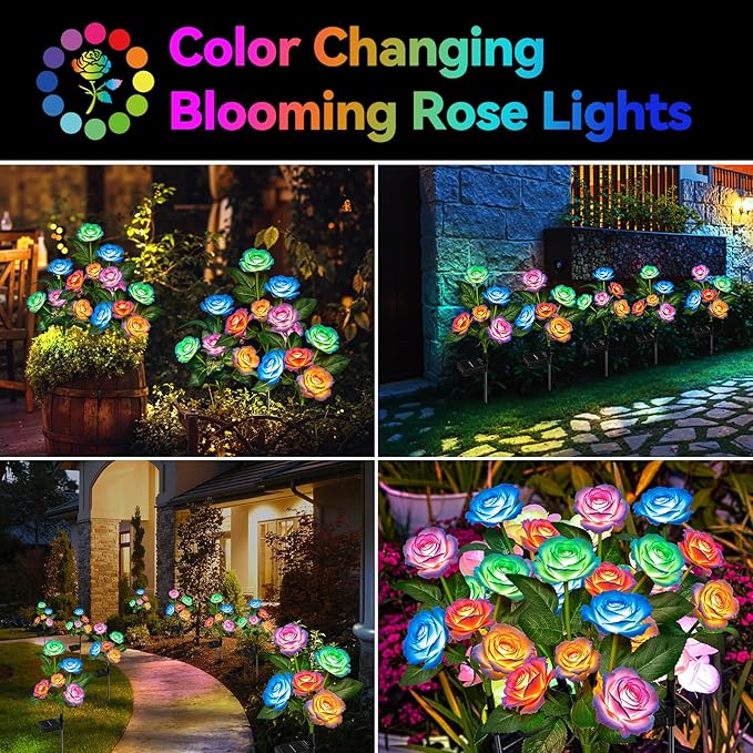 WdtPro 10 Pack Solar Lights Outdoor Decorative, Solar Powered Garden Lights Outdoor Waterproof, Color Changing Solar Flowers LED Rose Light for Outside Pathway Patio Yard Grave Garden Decor, Gifts