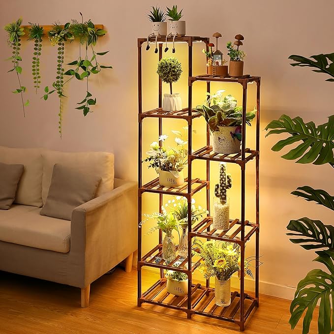 Plant Stand with Grow Lights Indoor, 9 Tiers Shape Plant Shelf with Light Full Spectrum Led Grow Light, Timer Function and Brightness Adjustment, Wood Plant Stand Indoor for Corner Living Room