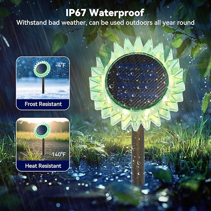 Hogni Solar Pathway Lights - 2 Pack LED Sunflower Garden Light, Waterproof Outdoor Decor for Wall, Lawn, Yard, Walkway, Patio, Landscape