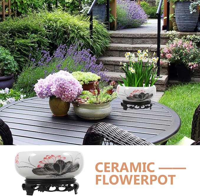 Ceramics Water Lily Bowl with Stand Chinese Style Hydroponic Planter Pot Round Narcissus Flowerpot Bonsai Daffodil Planting Container Garden Decoration 7 Inch