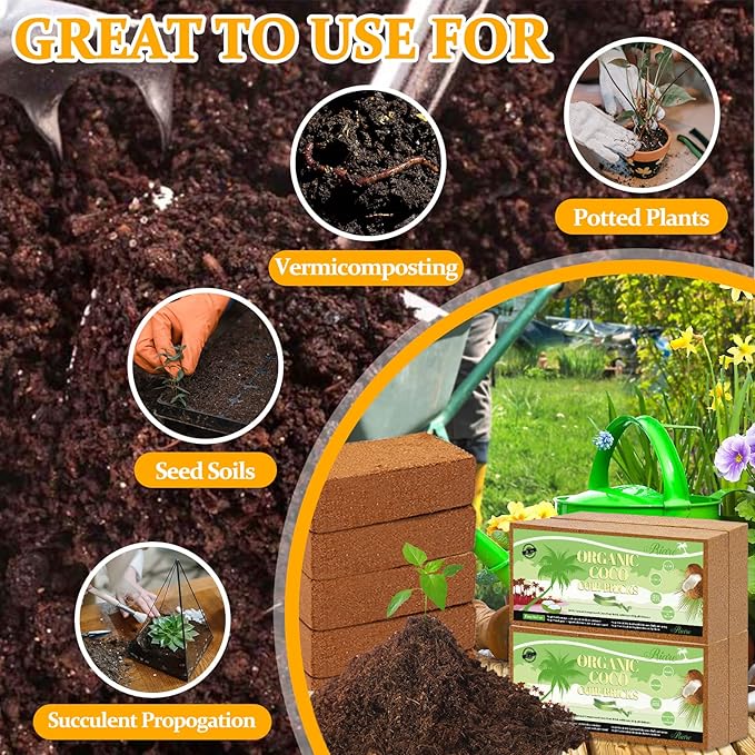 Riare 2pcs Organic Coco Coir Bricks Soil Blocks- 100% Natural Compressed Coco Peat Brick Coconut Fiber Substrate with Low EC& pH Balance, High Expansion Coco Coir Pith Coconut Husk for Garden