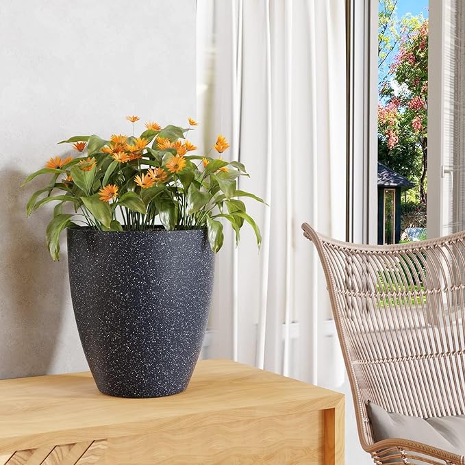 QCQHDU Plant Pots Set of 2 Pack,10 Inch Plant Pot for Indoor and Outdoor Plants with Drainage Hole,Flower Pots Modern Decorative Planter for Garden Plants (Black)