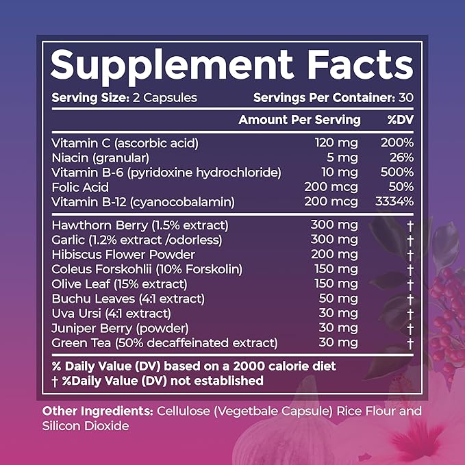 Blood Pressure Supplements - Advanced Blood Pressure Supplement Complex - Hawthorn Berry, Hibiscus, Garlic, Forskolin - 14 Vitamins & Herbs, 30 Day Supply in Veggie Capsules