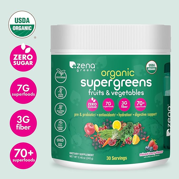 Zena Greens Organic SuperGreens Powder 30 Day 70+ Superfood 3G Fiber 0 Sugar