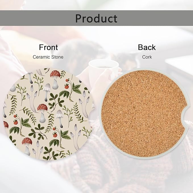 Vintage Mushroom Strawberry Car Coasters,Ceramic Absorbent Cup Holders with Finger Notch & Cork Base Car Assecories for Women/Men 2.6"(2 Pieces)