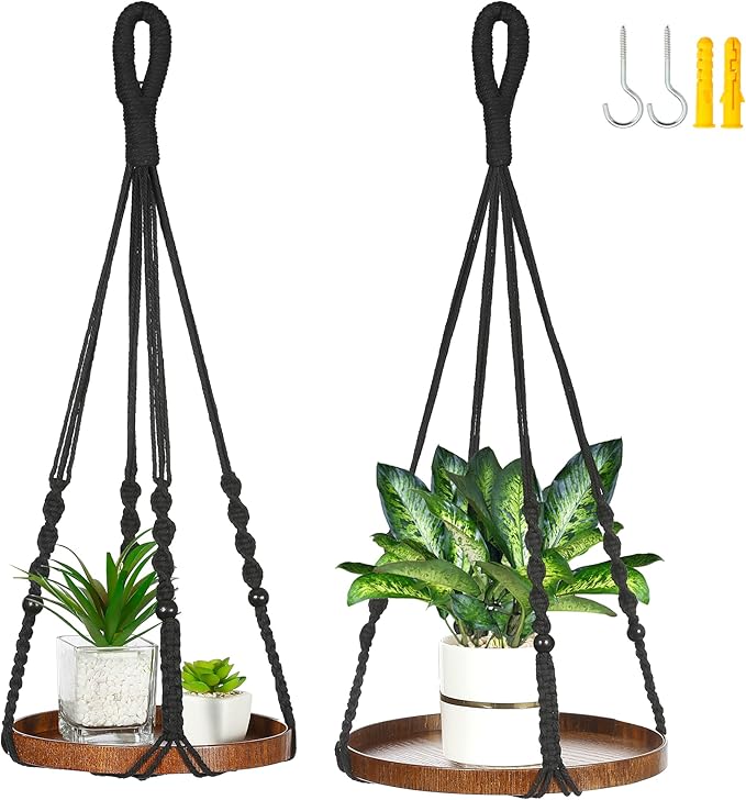 2 Pack Macrame Plant Hanger | Plant Hanger Indoor, Hanging Planter Shelf | Hanging Planter (Black) (1 Large + 1 Medium)