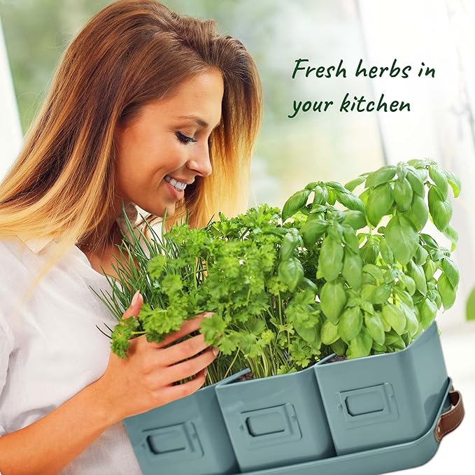 Herb Planter Indoor - Set of 3 Teal Blue Indoor Herb Garden Pots for Plants with Leather Handled Tray - Window Sill Plant Shelf - Herb Pots with Drainage Holes and Labels