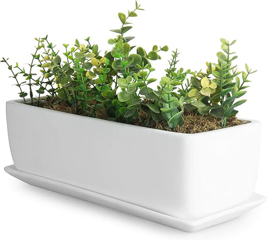 MyGift 14 Inch Modern Unglazed White Ceramic Indoor Plant Pot with Drainage Hole, Rectangular Succulent Planter Window Box with Removable Saucer, White