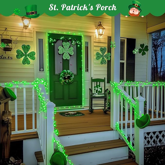 JMEXSUSS 2 Pack Green Solar Fairy Lights, Each 33ft 100 LED Green Solar Lights Outdoor, Waterproof St Patricks Day String Lights for Outside Patio Garden Party Tree Decorations