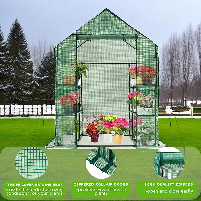 Walk-in Greenhouse w/ Roll-Up Zipper Door & Screen Windows-3 Tiers 12 Shelves 56x56x76β PE Greenhouse for Outdoor Gardening Plants Cold Frost Protection Wind Rain Proof(PLGHW002G-N)