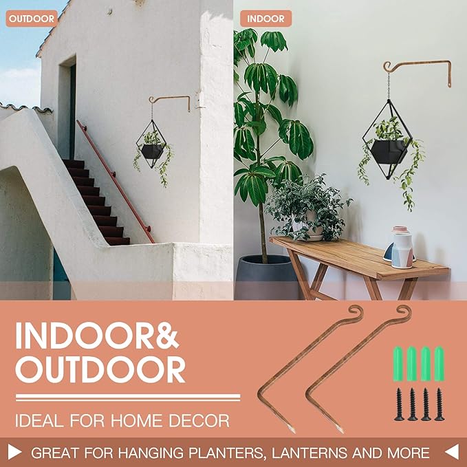 Jardim 2 Pack 10 Inch Premium Decorative Metal Iron Wall Hangers for Home Decor, Indoor Outdoor Plant Bracket Rustic Hanging Gardening Hooks for Planters, Bird Feeders, Lanterns, Wind Chimes (Coffee)