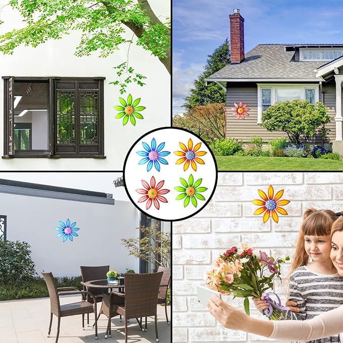 Gooyule Metal Flower Decor, 4 Pack Metal Flowers Wall Decor Colorful Flower Wall Art 6.5" Metal Floral Wall Decor Indoor Outdoor Hanging Wall Decor Metal Wall Decor Set for Home Office Garden Yard
