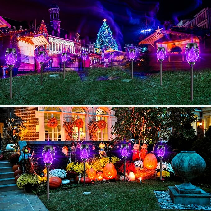 12-Pack Solar Lights Outdoor Waterproof,Halloween Decorations Solar Tiki Torches with Flickering Flame (Upgraded Super Bright),Halloween Solar Lights for Outside Patio Yard Porch Garden Decor (Purple)