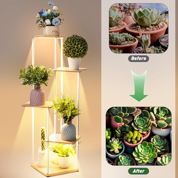 Dreyoo Plant Stand with Grow Light Indoor, 5 Tier 5 Potted Sturdy Metal Plant Shelf, Multiple Plant Holder Tall Plant Ladder for Display Plant Flower Corner Living Room Office (White, Wood Color)