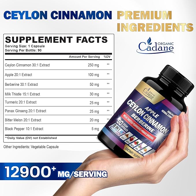 Organic Cadane Ceylon Cinnamon 7500mg Berberine 1500mg Apple 2000mg - 90 Vegan 8 Herbs 3 Month