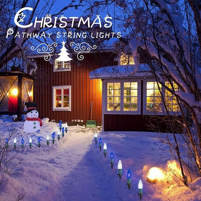 Christmas Pathway Lights Outdoor, 2 Pack 26 Ft 20 LED C9 Strawberry String Lights with Stakes, Connectable Waterproof Outside Christmas Lights Marker for Path, Lane, Patio Decor, Blue & Pure White