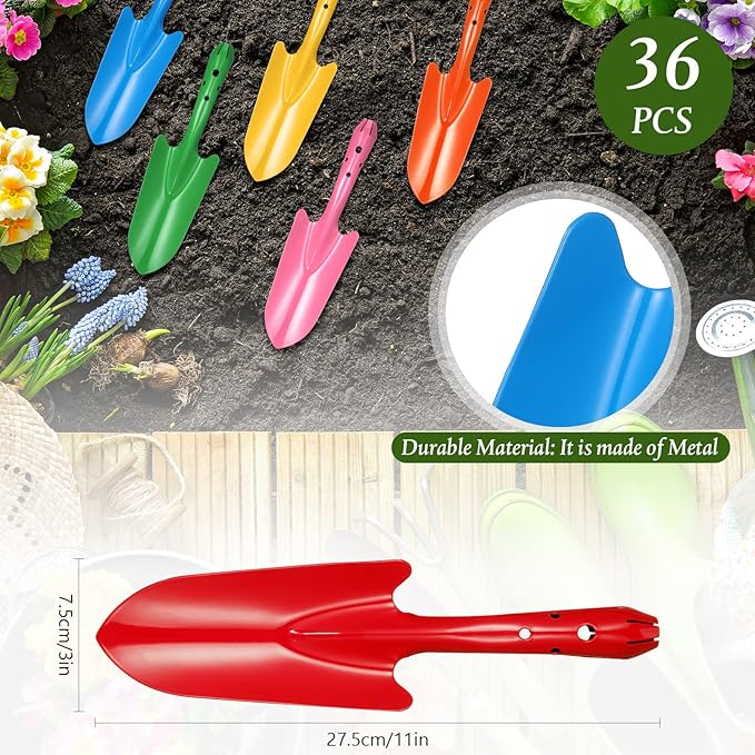 Mini Colorful Metal Hand Shovel Digging Trowel Set Transplanting Garden Shovel for Flower Soil Planting Succulent Kids Teens Women Men Gift Indoor Outdoor, 6 Colors (36 Pcs, 11 x 3 Inch)