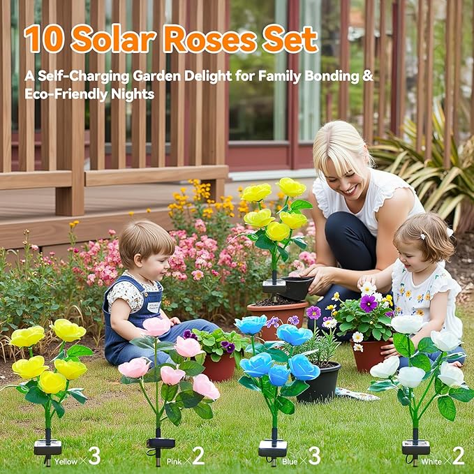 WdtPro 10 Pack Solar Lights Outdoor Decorative, Solar Powered Garden Lights Outdoor Waterproof, Color Changing Solar Flowers LED Rose Light for Outside Pathway Patio Yard Grave Garden Decor, Gifts