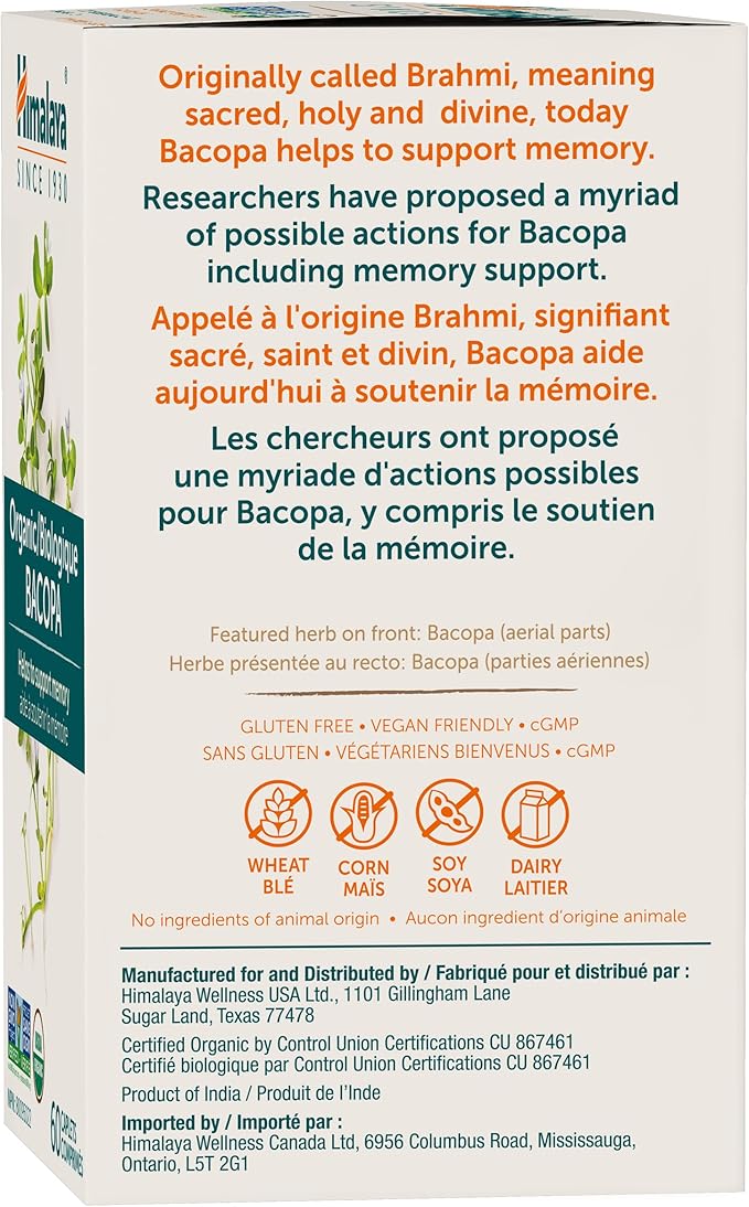 Himalaya Organic Bacopa Monnieri Nootropic Herbal 750 mg, 60 Plant-Based 60 Day