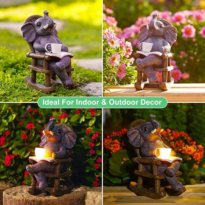 Goodeco Solar Elephant Statue for Garden - Perfect Relaxing Outdoor & Fairy Garden Decor, Great as Birthday or Mom Gifts- 6.3 x 7.8in