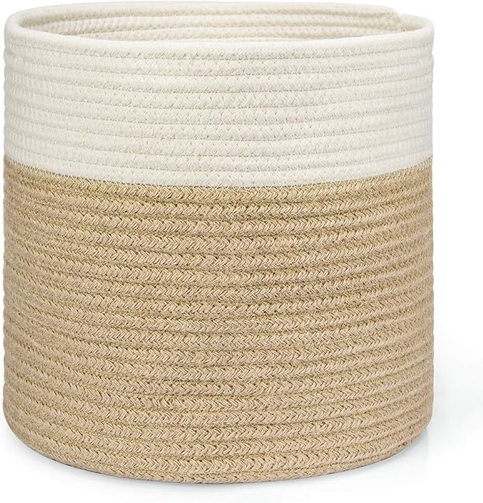 Dahey Jute Spliced Cotton Rope Plant Basket Modern Woven Storage Basket for 10" Floor Indoor Planter, Decorative Flower Pots Cover Laundry Bin with Handle Rustic Home Decor, White and Beige