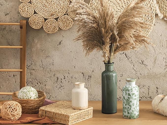 Vintage Vase Set of 3, Ceramic Vintage Flower Vases, Chinoiserie Decorative Home Decor Retro Floral Vase Rustic Farmhouse Decor for Table Bookshelf Mantel Kitchen Living Room Office - Green and Beige