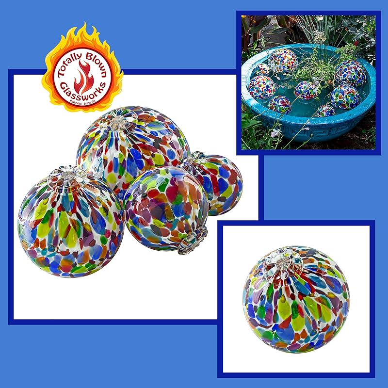 Pond Float. Handmade Blown Glass, Garden Gazing Ball, Table Centerpiece, Assorted sizes available. Home and Patio Decor. Artist Dehanna Jones. Seattle, WA. (White Rainbow MM)