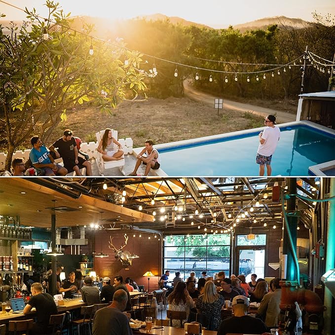 48ft LED Outdoor String Lights with 15+1(Spare) 1W Shatterproof Bulbs, Black Waterproof IP65 Connectable Outdoor Decorative Lights for Garden Patio Cafe Bistro Backyard Porch, UL Listed