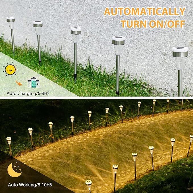 TWINSLUXES 16 Pack Solar Outdoor Lights, Dual Light Source LED Pathway Lights Solar Powered, Stainless Steel Waterproof Solar Garden Lights Decoration for Garden Patio and Walkway, Cool Warm