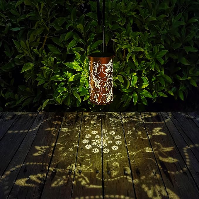 2 Pack Solar Lanterns Outdoor Hanging Hummingbird Decor Lantern,Waterproof Hollow Out Metal Decorative Garden Light,Graceful Decoration for Patio,Yard,Landscape,Festival