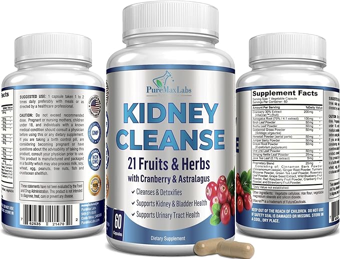 Herbal Kidney Cleanse with Cranberry Extract, Astralagus 21 Fruits 60 Vegan