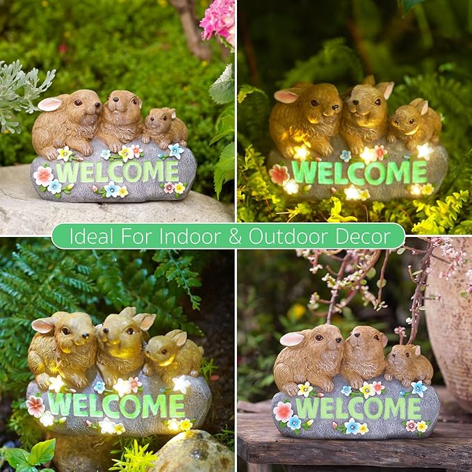 Solar Rabbits with Welcome Sign - Outdoor Bunny Decor with Solar LED Lights - Rabbit Garden Decor & Outdoor Light-Up Gifts for Women, Moms or Birthdays