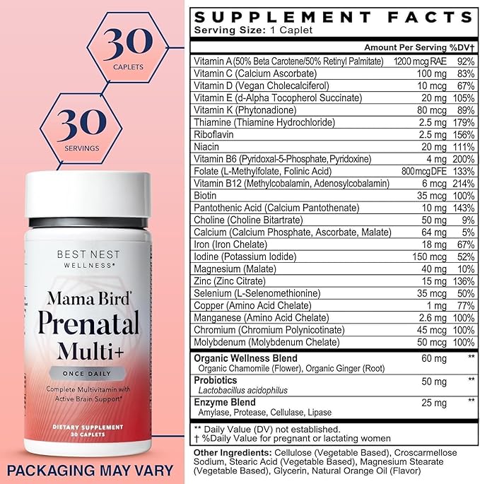 Best Nest Wellness Mama Bird Prenatal Vitamin: Vegan Prenatal Vitamins for Women w/Methylfolate (Folic Acid) w/Organic Herbal Blend, Prenatal Vitamins for Women B12, Choline, Once Daily, 30 Count