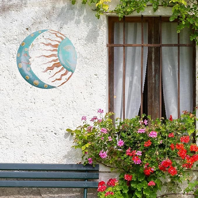 Jannity Metal Sun Wall Decor,11.02 Inches Large Metal Wall Art with Sun Moon Stars Retro Moon Sun Wall Decoration Hanging for Indoor Outdoor Patio Yard Home Garden