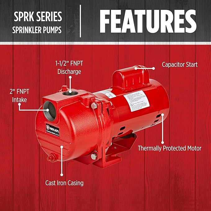 Red Lion RL-SPRK200 230 Volt, 2 HP, 76 GPM Cast Iron Sprinkler/Irrigation Pump with Thermoplastic Impeller, Red, 97102001