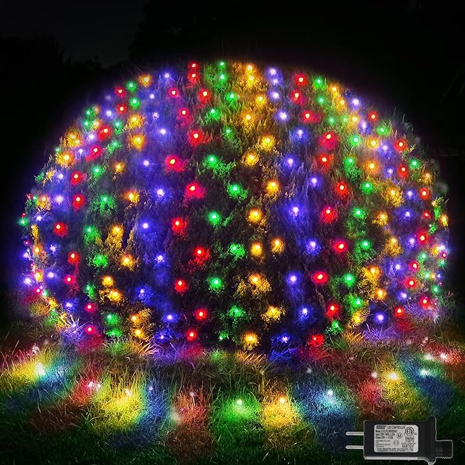 Pooqla Net Lights, 300LED Christmas Outdoor Mesh Light, 14.8x4.9 ft Fairy String 8 Modes Green Wire, Connectable Waterproof Decorative for Bushes Tree Garden Halloween, Colorful
