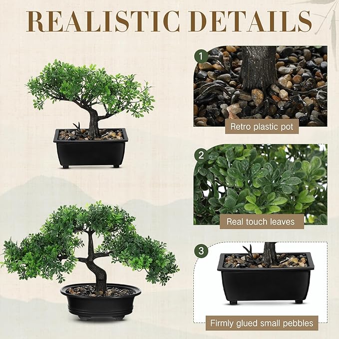 Jexine 4 Pack Artificial Bonsai Tree, Indoor Small Fake Plants in Pots for Home Table Office Desk Bathroom Shelf Bookshelf Bedroom Living Room Farmhouse Decorations