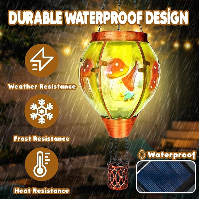 2 Pack Solar Hot Air Balloon Lantern with Flame,Mushroom Gnome Glass Solar Hanging Lanterns Outdoor for Outside Garden Patio Tree Porch Yard, Mushroom Gifts for Women Grandma Mom - Mushroom