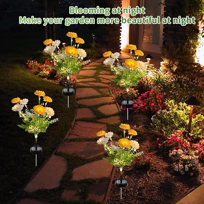 3 Branches Solar Lights,Outdoor Garden Decoration - 7 Snow Lotus Solar Garden Lights,Waterproof Solar Outdoor Lights, Auto On/Off,Garden,Yard Solar Decoration Lights (Yellow, 3 Pack)