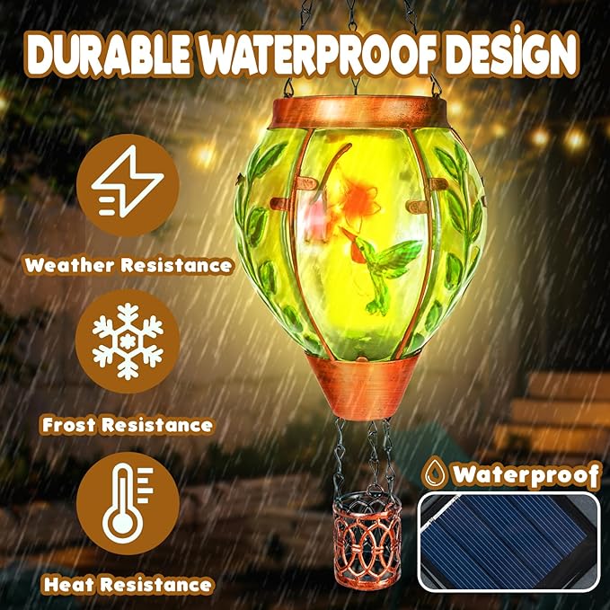 2 Pack Solar Hot Air Balloon Lantern with Flame,Hummingbird Outdoor Solar Lanterns for Outside Garden Yard Farmhouse Patio Pathway Decoration, Hummingbird Gifts for Women Grandma Mom - Hummingbird