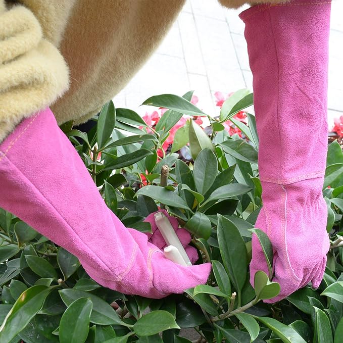 HANDLANDY Ladies Thorn Proof Gardening Gloves, Long Gauntlet Heavy Duty Garden Gloves, Elbow Length Women Leather Rose Pruning Gloves (Large, Rosy)