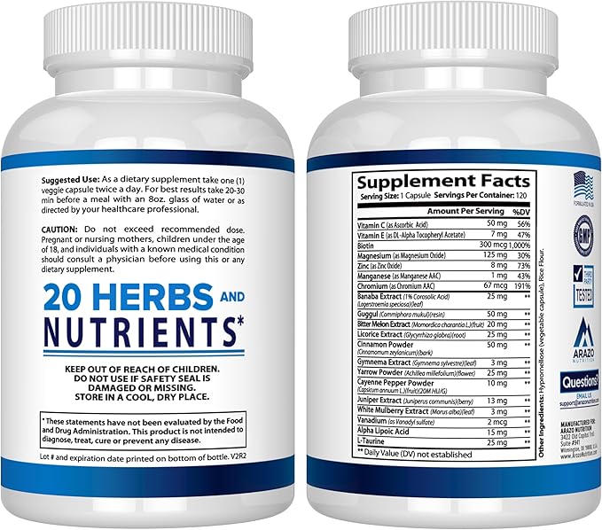 Arazo Nutrition Blood Sugar 365 Supplement 120 Herbal 60 Day