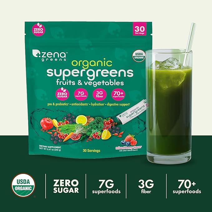 Zena Greens Organic Supergreens Powder 30 8g 8g Sticks |70+ Superfood 3G Fiber 0 Sugar