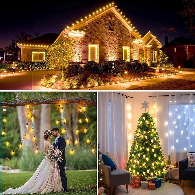 C9 LED Christmas Lights, 134FT 200Bulbs Outdoor Christmas Decorations for House Waterproof String Lights Extendable Green Wire Fairy Lights for Patio Xmas Garden Party Wedding Indoor Warm White