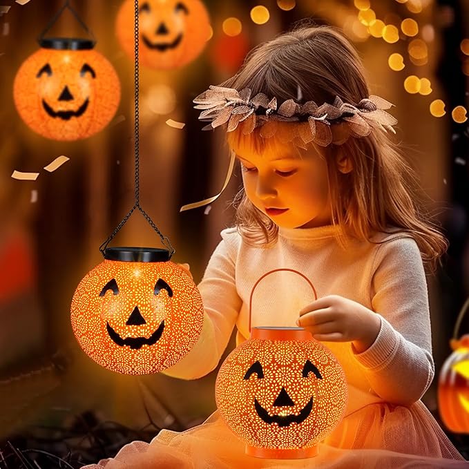 Halloween Solar Hanging Lights Outdoor - Solar Metal Halloween Lantern Decor, Solar Powered Led Waterproof Decorative Round Hanging Light for Garden, Yard, Patio, Pathway, Porch
