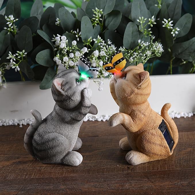 Cat Garden Statue Outdoor Solar Decorations Butterfly Light Figurine Color Changing LED Lights Resin Sculpture Art Decor Patio Lawn Yard Housewarming Gifts for Women Grandma Mom